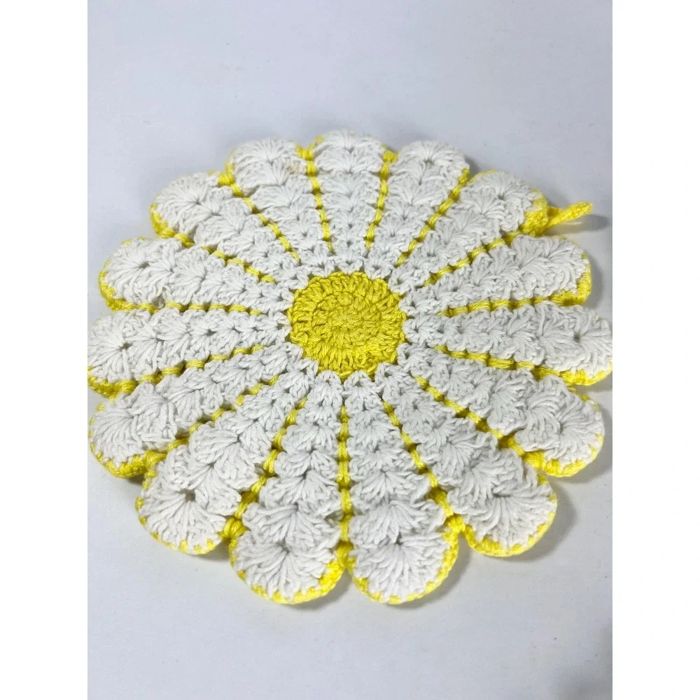 Handmade crochet pot holders trivet doilies Vintage yellow green